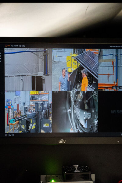 Security monitor shows four feeds of people and equipment.